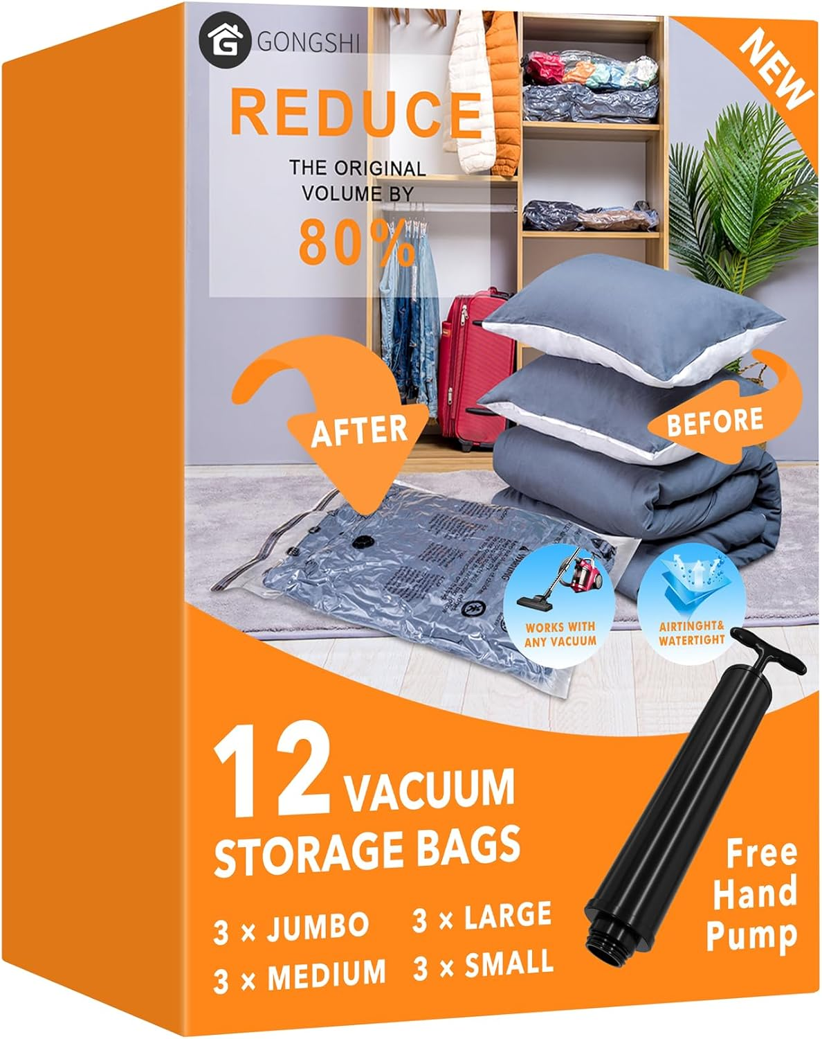 Vacuum Storage Bags (3 X Jumbo, 3 X Large, 3 X Medium, 3 X Small), Space Saver Sealer Compression Bags with Travel Hand Pump for Blankets, Comforters, Pillows, Clothes Storage image number 1
