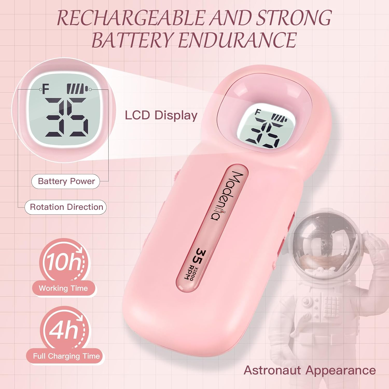 Madenia Rechargeable Electric Nail Drill Professional Portable E File Machine for Acrylic Gel Nails, Cordless Manicure Pedicure Polishing Tools, Pink image number 3