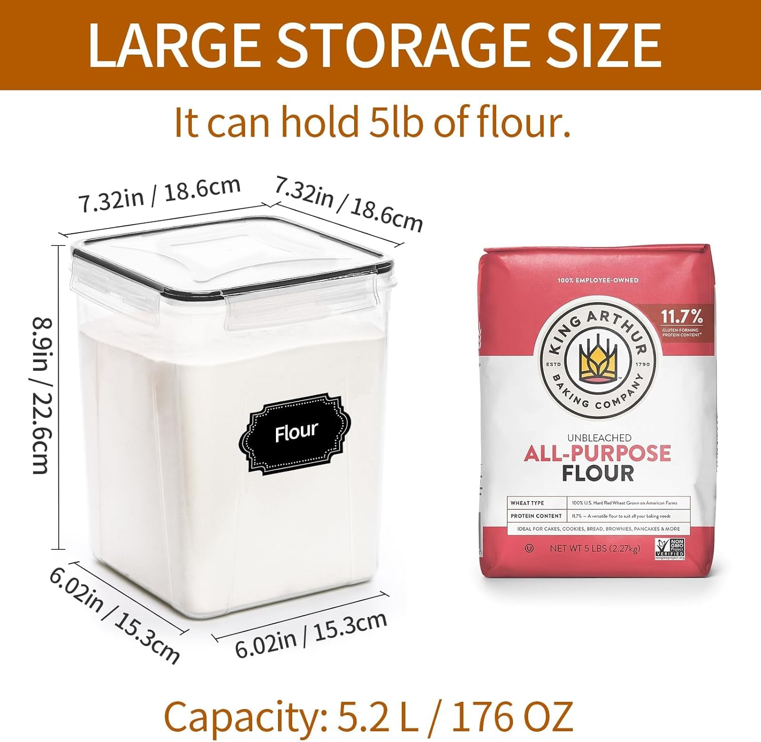 YOZOTI Large Airtight Food Storage Containers 5.2L / 176Oz, BPA Free, 4Pcs Pantry Kitchen Organization Set for Flour, Sugar, Baking Supplies, Plastic Flour Container with 20 Labels & Maker (5.2L*4) image number 4