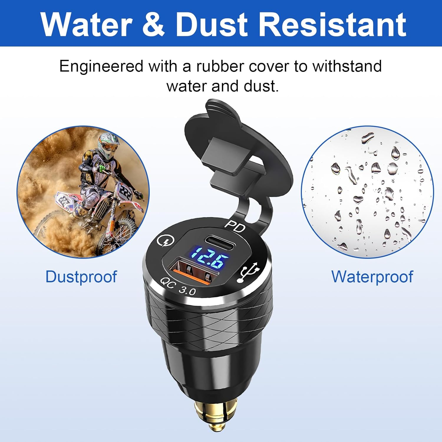 USB C Motorcycle DIN Charger, 30W PD3.0 and 18W QC3.0 Dual USB DIN Hella Socket with LED Voltmeter, Waterproof Aluminum Cigarette Lighter Adapter Plug for Motorcycle 12V/24V BWM Ducati