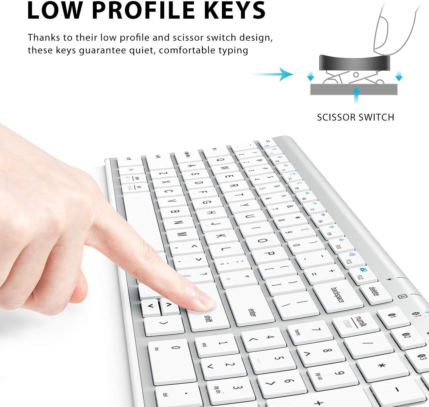 Iclever BK10 Bluetooth Keyboard, Rechargeable Wireless Keyboard with Number Pad, Multi-Device Connection, Slim and Compact Design, Comfortable Typing Keyboard for Ipad, Iphone, Mac, Ios, Windows - Silver Black image number 7