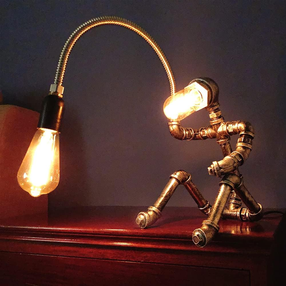 HAMOQI Steampunk Table Lamp Water Pipe Robot Vintage Industrial Style Desktop Cool Table Lamp for Bedside Cafe Bar Night Light Desk Decorations Birthday New Year Gifts image number 4