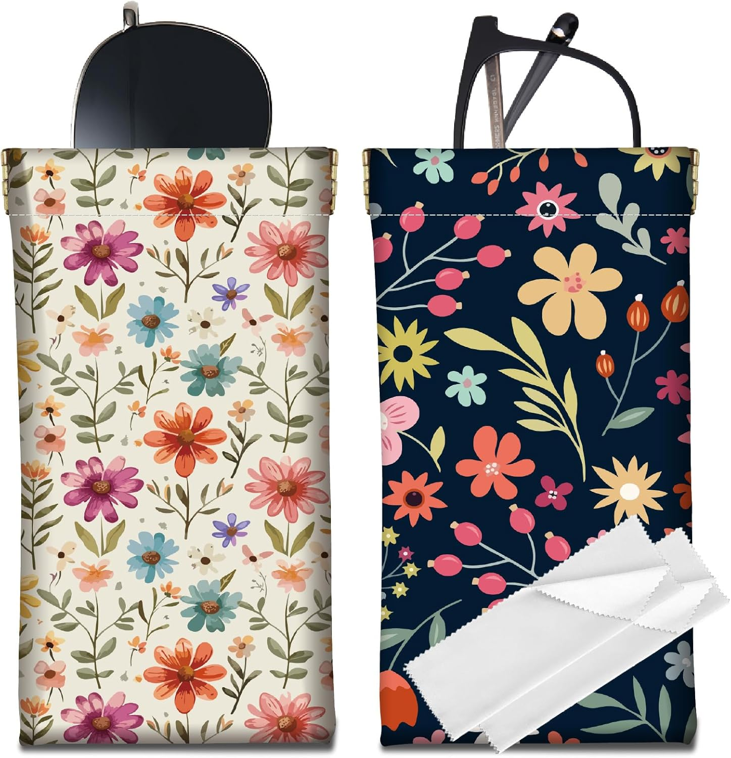 CREATCABIN 2Pcs 2 Styles Floral Eyeglasses Case Portable Sunglasses Pouch PU Leather Soft Waterproof Slim Squeeze Flower Glasses Goggles Holder Bag with 2Pcs Cloths for Travel Women Men 7.1 X 3.5 image number 4