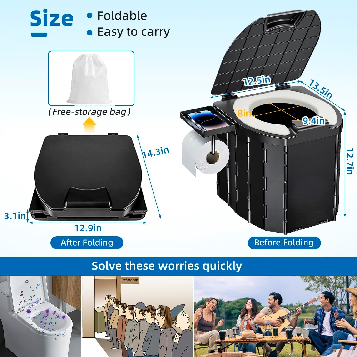 Portable Folding Toilet for Camping and Travel - Porta Potty with Lid for Adults - Commode Bucket for Indoor, Outdoor and Emergency Use image number 1