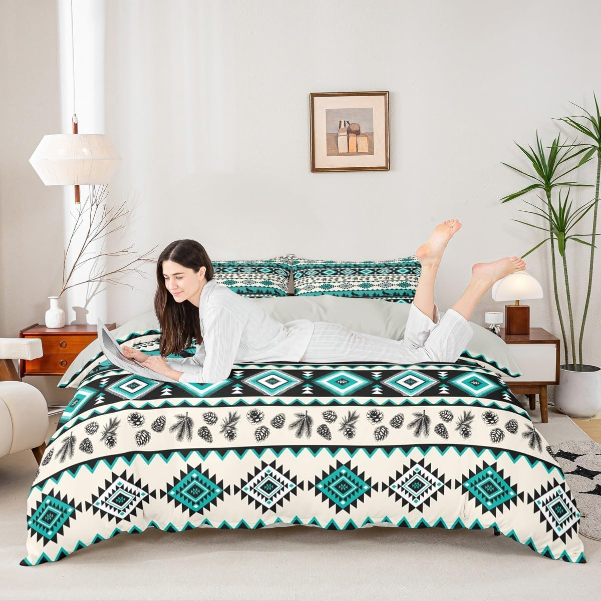 Manfei Aztec Geometric Kids Duvet Cover Set Queen Size,Southwest Tribal Ethnic Bedding Set,Wolf Rustic Cabin Girls Boys Room Decor,Beige Retro,2 Pillowcases(No Comforter) image number 2