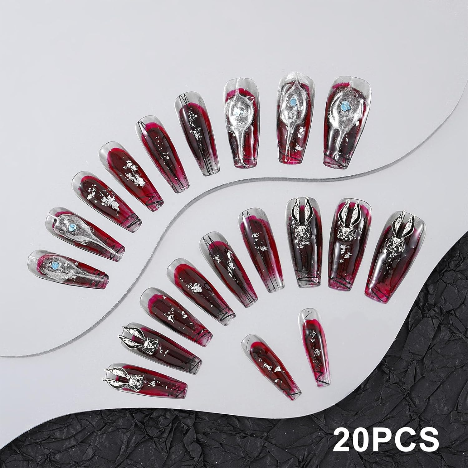 Sethexy Long Ballerina Handmade Press on Nails Glitter Gothic False Nails Red Painted Glossy Fake Nails Salon Quality for Women and Girls 20PCS (N) image number 2