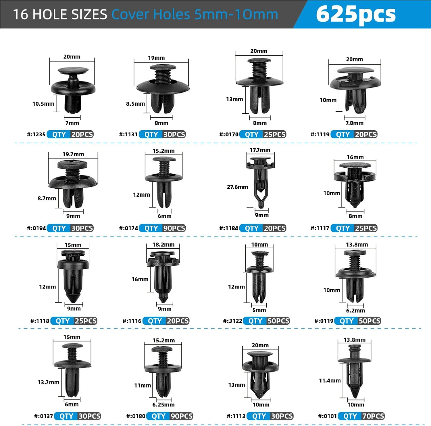 625-Piece Car Push Retainer Clips Body Clips Plastic Fasteners Kit 16 Most Popular Sizes Nylon Auto Push Pin Rivets Set with 5 Cable Ties & Remover Tool for Bumper, Fender, Door Trim image number 4