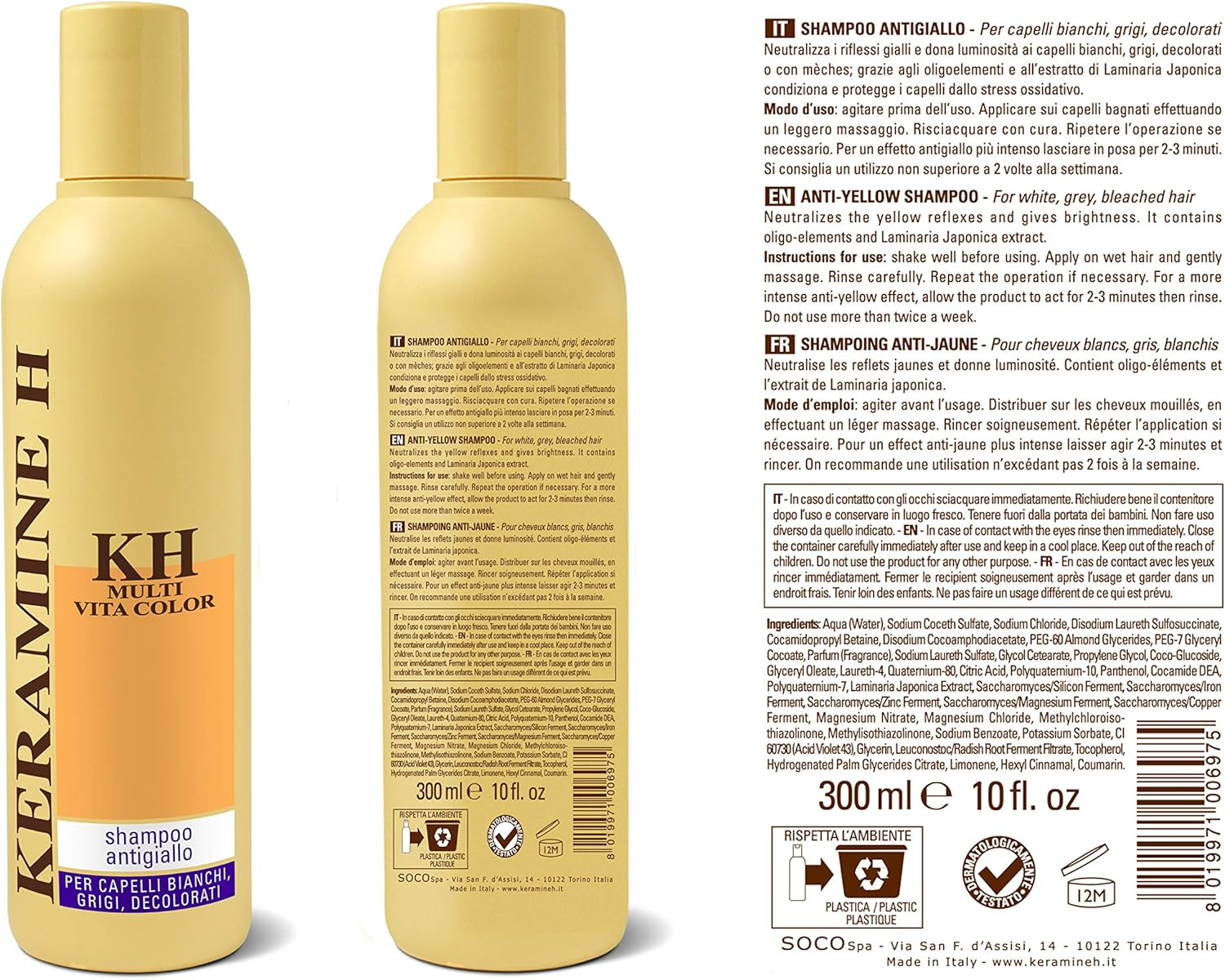 KERAMINE H Antigiallo Shampoo - 3 Packs 300Ml - Total 900Ml image number 1
