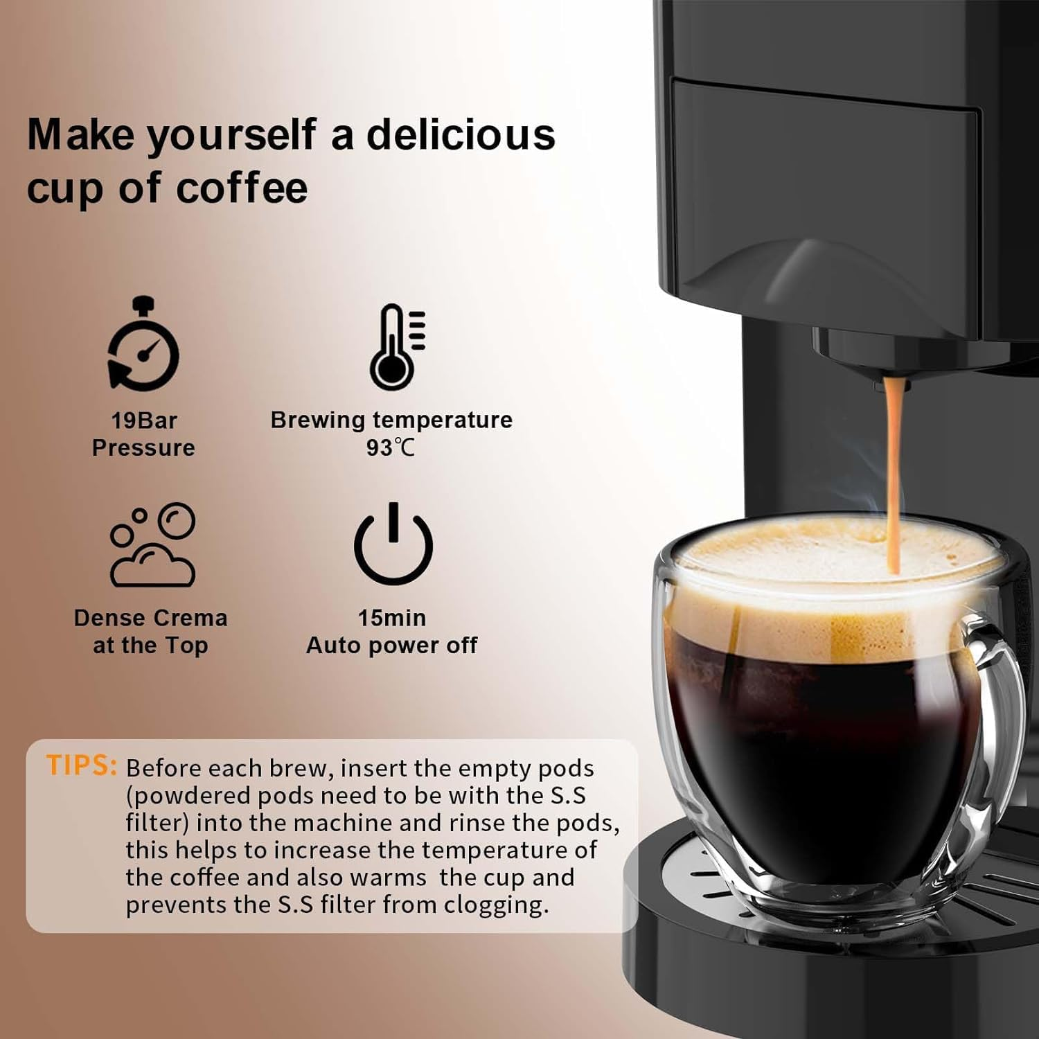 4In1 Espresso Machine,Customize Volume Settings，Automatic Coffee Maker, Single-Serve Capsule Coffee Machine for Nespresso Original/L'Or/Ground Coffee,19Bar Espresso Machine,1450W Coffee Machine image number 5