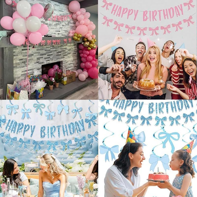 WADY 30Pcs Pink Bow Happy Birthday Banner Set with Glitter Garland & 7 Hanging Swirls, Girly Birthday Party Decorations for Girls, Bow Themed Backdrop Wall Hanging (Pink) - Pink image number 4