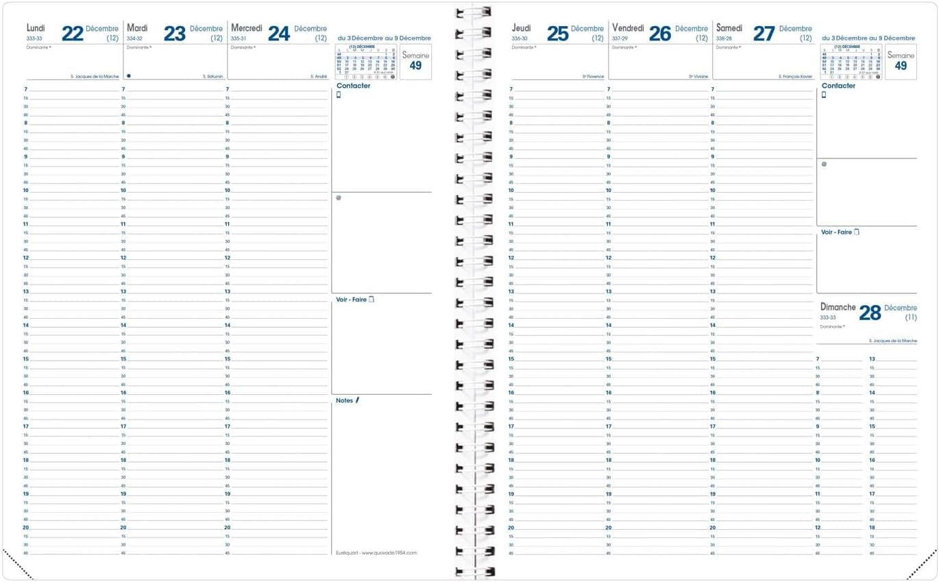 Quo Vadis - Spiral Bound Calendar - 2025 - Eur&eacute;quart - Weekly Diary - French - Club - Blue - 13 Months from December to December - 24 X 30 Cm - Clairefontaine Paper White - Made In image number 1