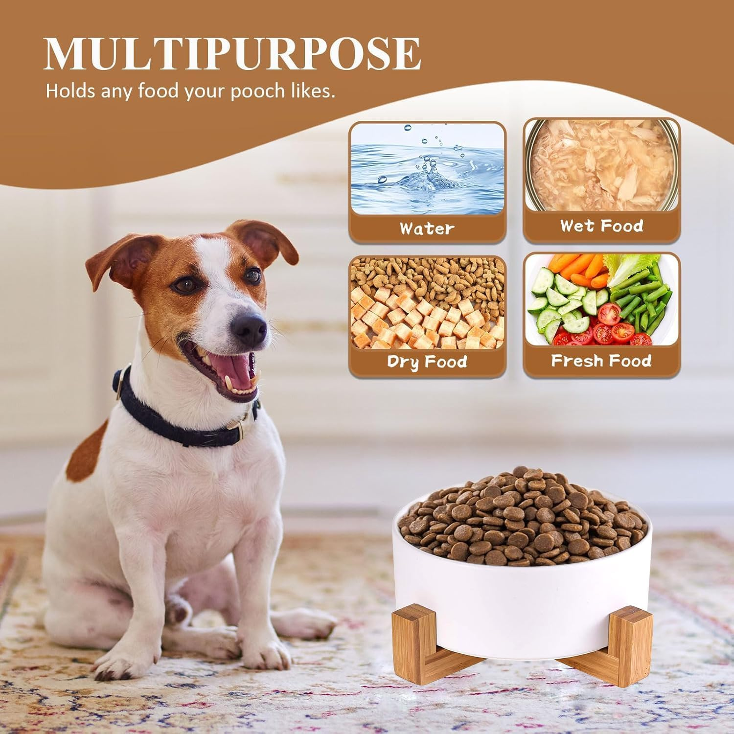 Ceramic Dog Bowl 28OZ with Wood Stand, PRENDIEEN Durable Ceramic Food Water Elevated Dish for Pet 6.1In(15.5Cm) Diameter, Modern Cute Weighted Food Water Set, Cat Dog Food & Water Bowl Set (White) image number 1