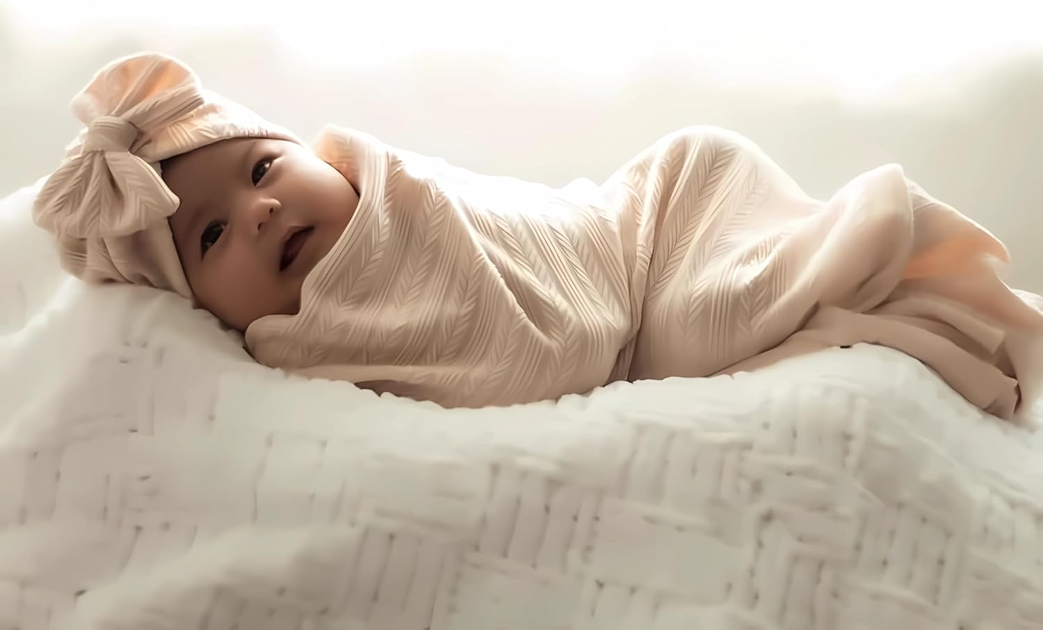 Jastore Baby Infant Swaddle Blankets for Girls 3PCS Newborn Accessories Set with Matching Hat and Bow Headband (Beige, 33"*35") - Beige image number 5