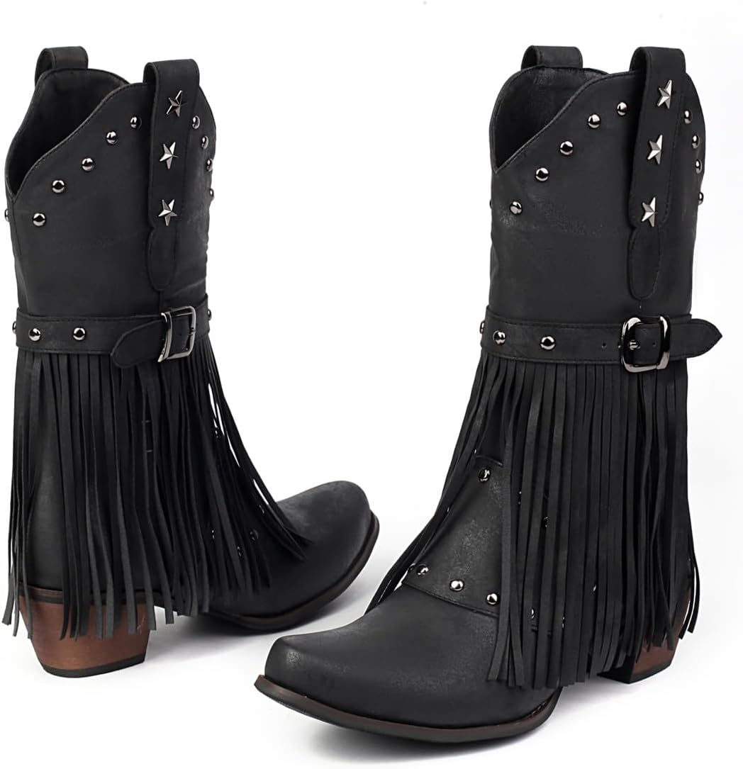 Women'S Fringe Cowboy Boots Mid Calf Cowgirl Boots with Studded Pointed Toe and Chunky Heel Western Tassel Riding Boot image number 1