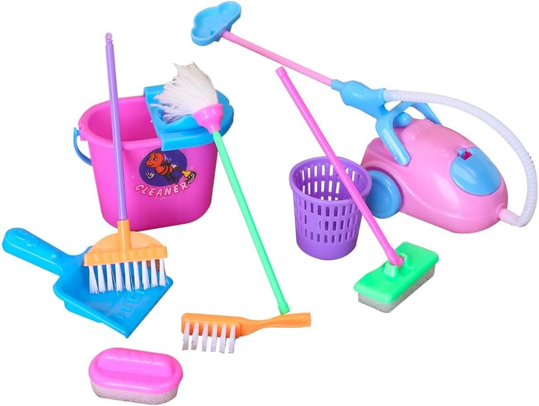 E-TING Cleaning Kit - 9PCS Dollhouse Miniature Playsets, Housework Supplies Tools Furniture Decoration Vacuum, Mop Dust Pan, Brush, Broom, Bucket Accessories for 7-11.5 Inch Dolls image number 4