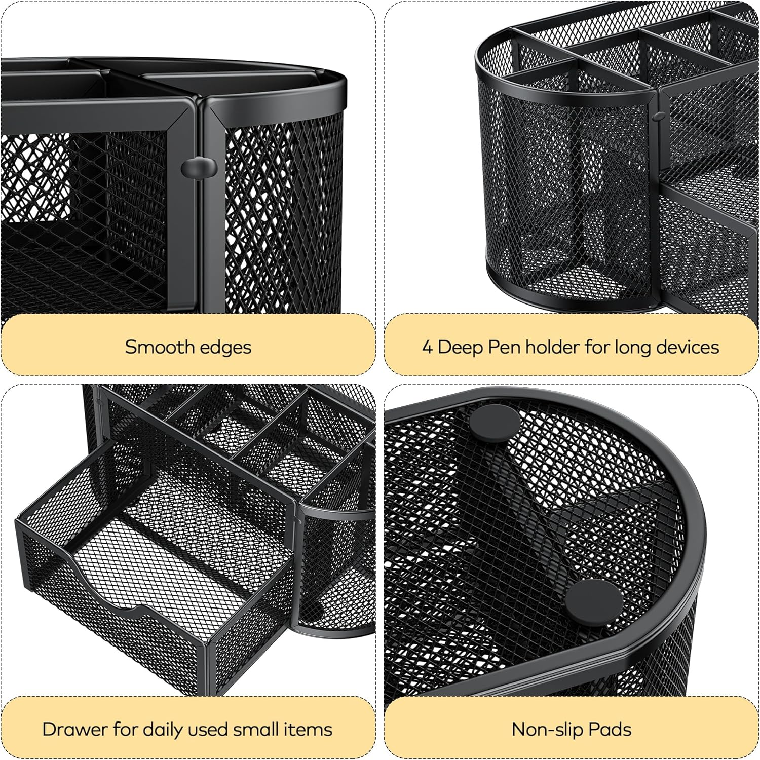 Auvo APH01 Mesh Desk Organizer with Drawers, Pen Holder and Desk Organizer, 9 Compartments for Office Supplies, Black image number 4