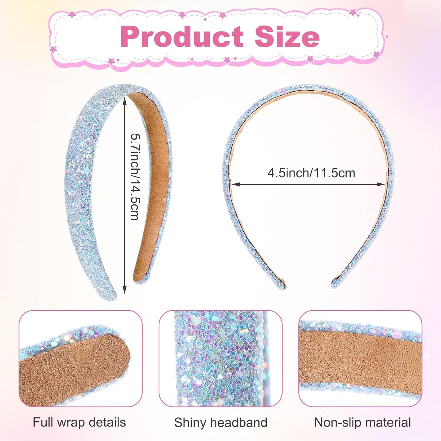 3PCS Girls Headbands Non-Slip Glitter Sequins Sparkly Hard Toddler Headband, Wide Padded Hair Bands Cute Hair Accessories for Birthday Party Favors Back to School Girls Women (Pink/Sky Blue/White) image number 3