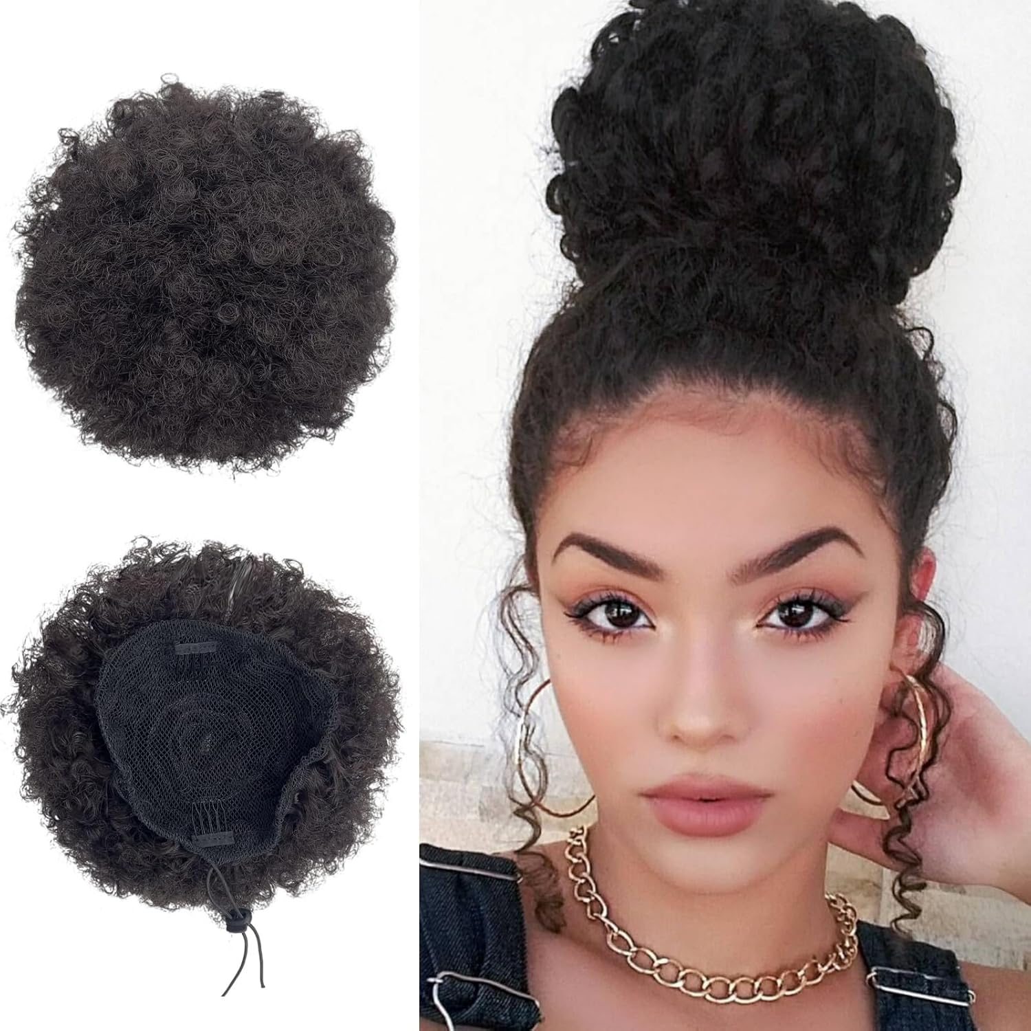 YUESUO Natural Ponytail for Women Synthetic Short Afro Bun Extension Hairpieces Drawstring Ponytail with Two Clips (Natural Black #1B)