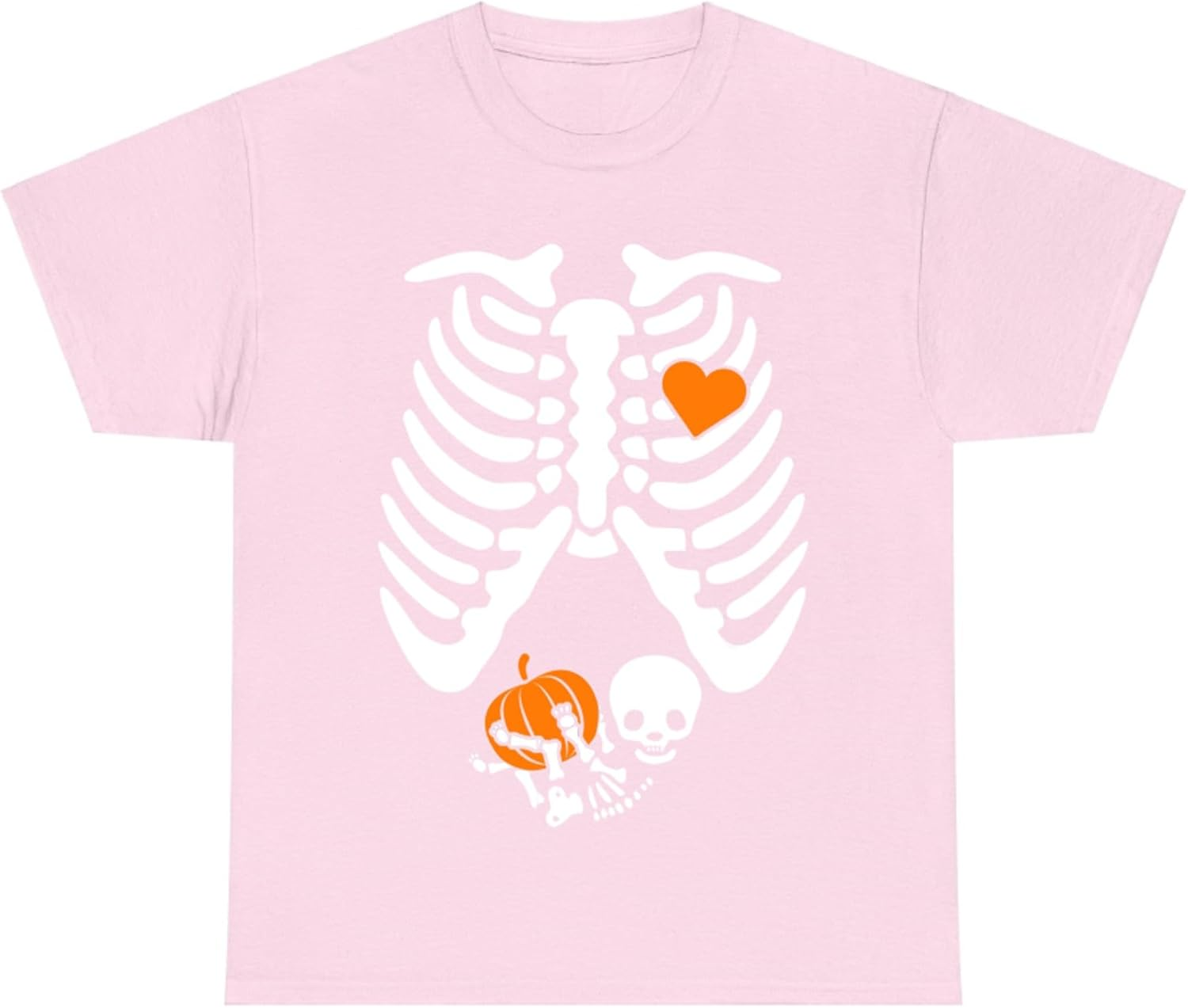 Maternity Skeleton Baby Pumpkin Heart Halloween Pregnancy Announcement T-Shirt for Adults Crew Neck Short Sleeve Tee Shirt