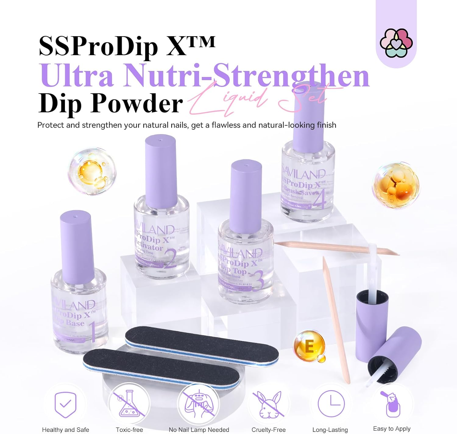 SAVILAND Dip Powder Liquid Set: 15Ml Nail Dip Liquid Set Rich in Castor Oil VE VB5 VB7 VD2 Dip Powder Base & Top Activator Brush Saver Dip Nail Liquid Set Strengthen Nail for Home Nail DIY Salon image number 3
