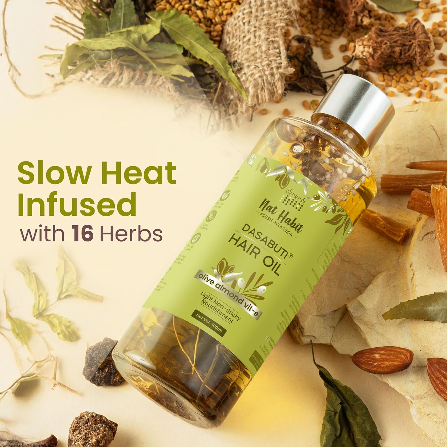 Nat Habit Olive Almond Summer Light Hair Oil with Vitamin E for Men & Women, All Hair & Scalp Types, No Paraffin, Mineral Oil, Preservatives & Chemicals, 100Ml