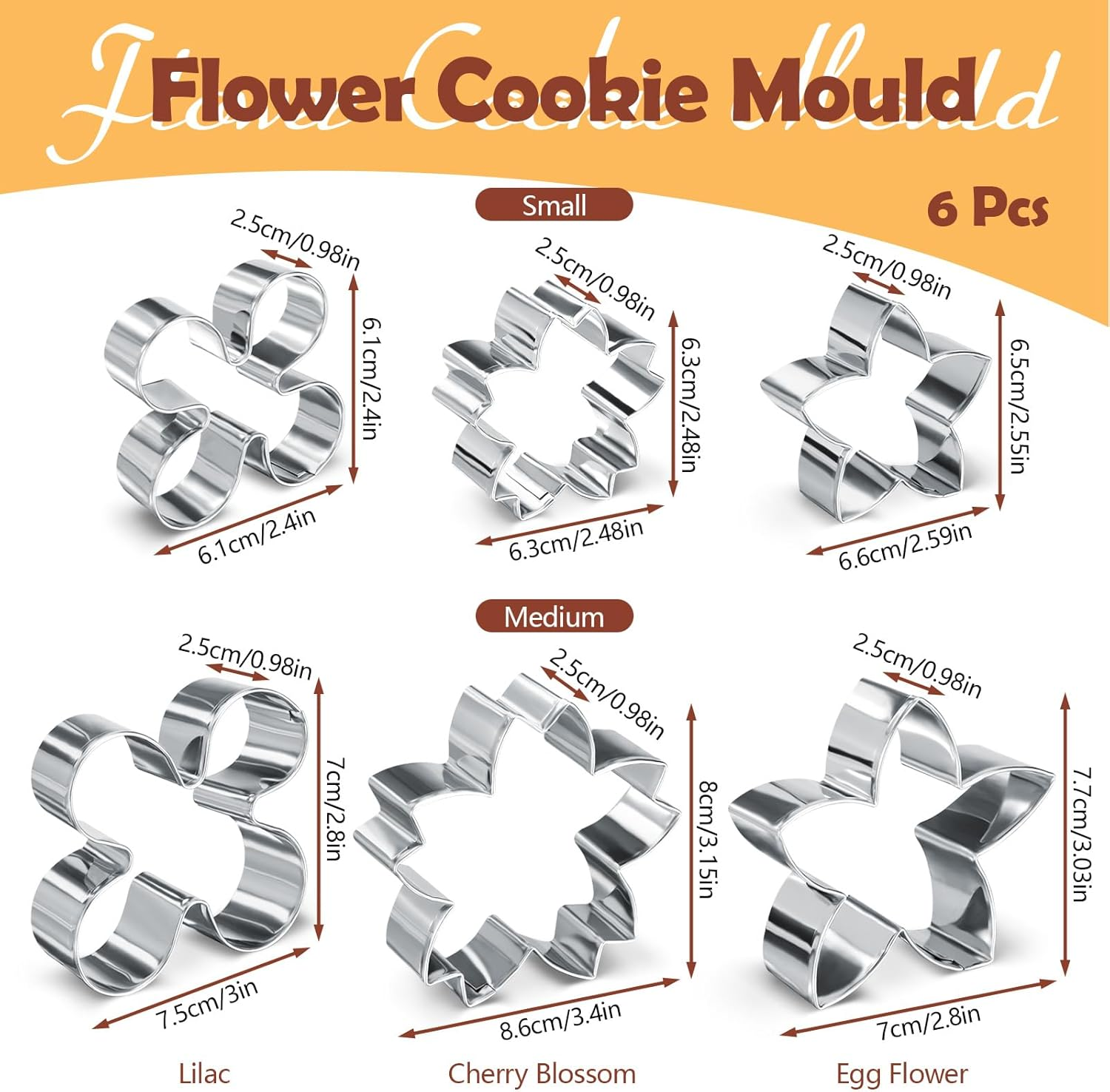 LELE LIFE 6Pcs Flower Cookie Cutter, 6.1-8.1Cm Cookie Cutters Variety Pack Stainless Steel Metal Cookie Cutter Shapes Set Kitchen Gadgets for Cookie Biscuit Sandwich Baking image number 3
