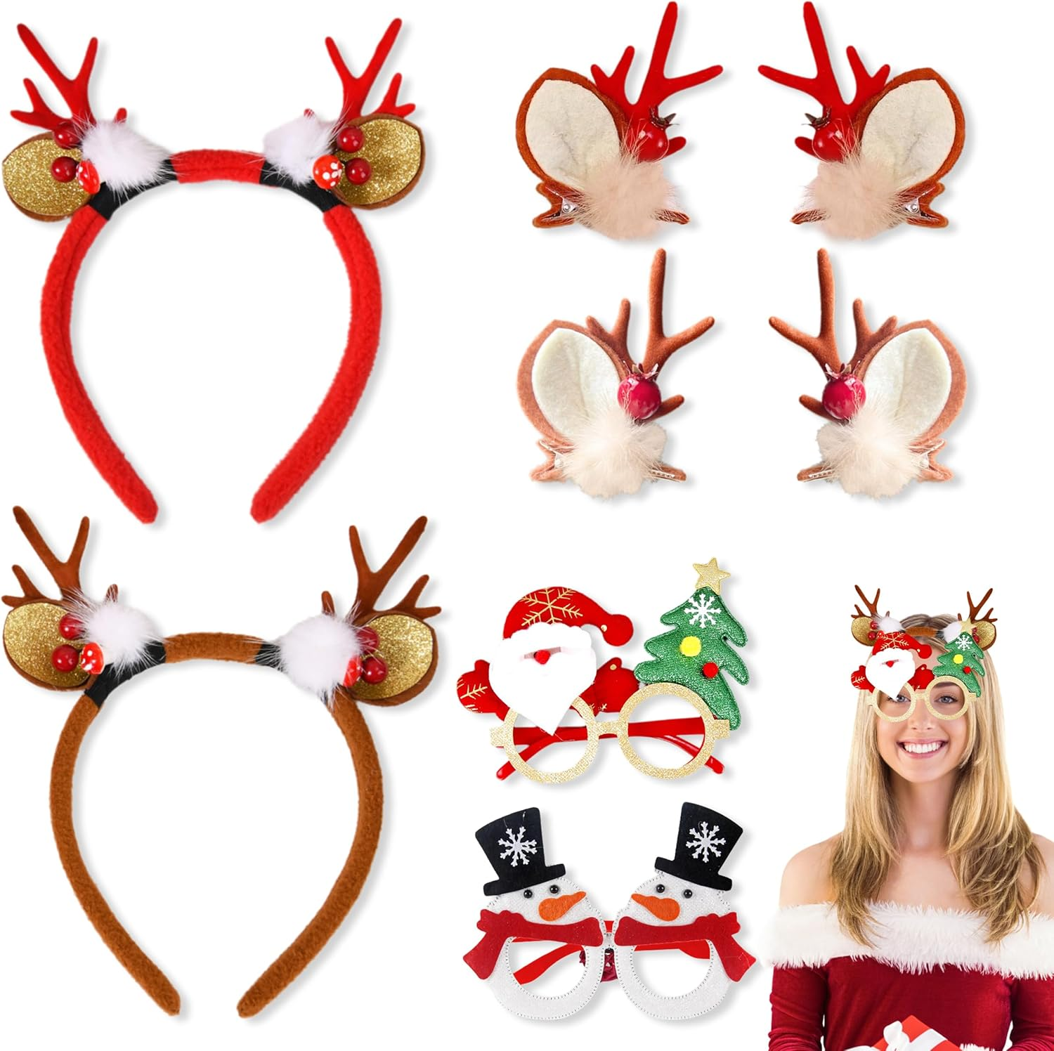 JIEYUMAO Reindeer Antlers Headband Sets, 6Pcs Christmas Antler Headband Hair Clips and Christmas Glasses, Fashion Christma Hair Accessories Christma Hair Clips for Women image number 1