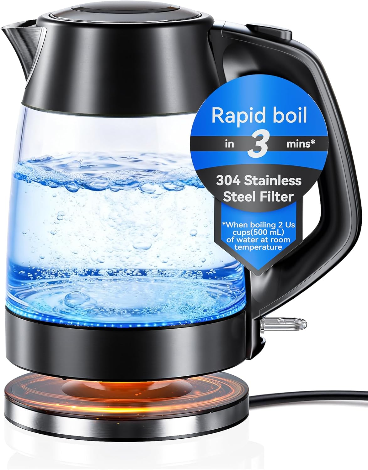 AUSELECT Electric Kettle - 1.7L Glass Kettle 2200W Stainless Steel Filter Spout, Quick Water Boiler Wiith Borosilicate Glass, Fast Boiling Water Kettles for Coffee & Tea, BPA Free, Automatic Shut Off image number 1