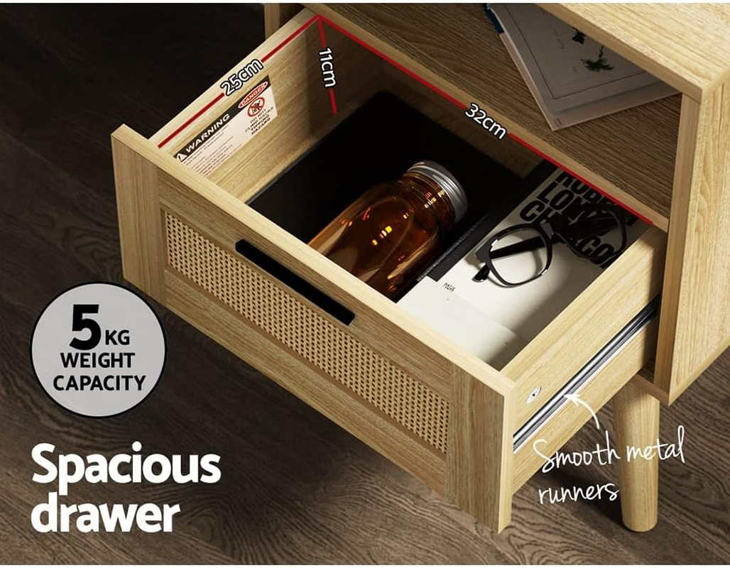 Artiss Bedside Table Rattan Bed Side Tables Storage Small Narrow Desk Chest of Drawers, with 1 Drawer and Shelf, Bedroom Living Room Home Furniture Tallboy Lamp Stand Nightstand Cabinet in 54Cm Height