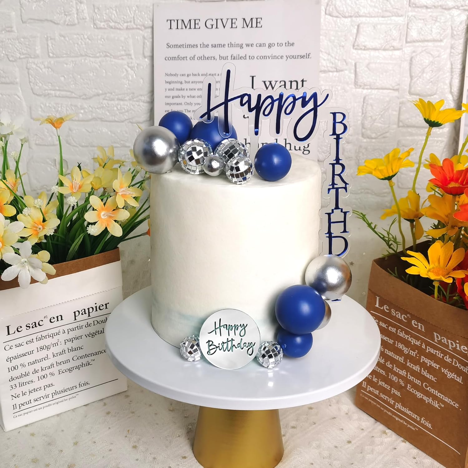 DRWATE Man Cake Topper Blue Silver Disco Ball Cake Topper Boho Cake Topper Decorations for Navy Blue Boho Wedding Man Boy Birthday Party Baby Shower Supplies (Blue 02) - Silver image number 2