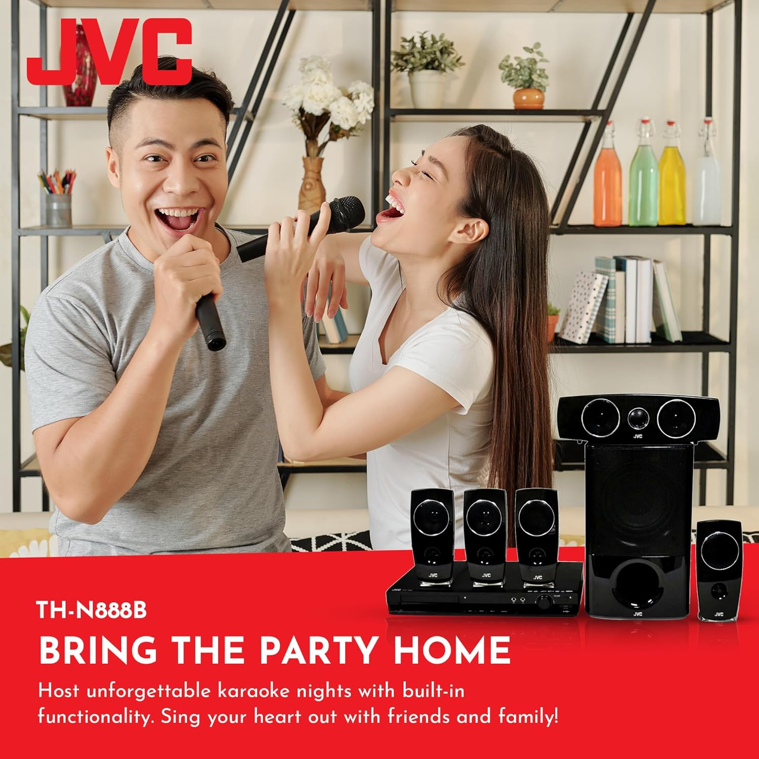 JVC Home Theatre System | 5.1 Surround Sound System for TV | Portable DVD Player with 5 X 60W Passive Speakers & 150W Powered Subwoofer | Digital Amplifier, Karaoke Function, Bluetooth, USB (TH-N888B)