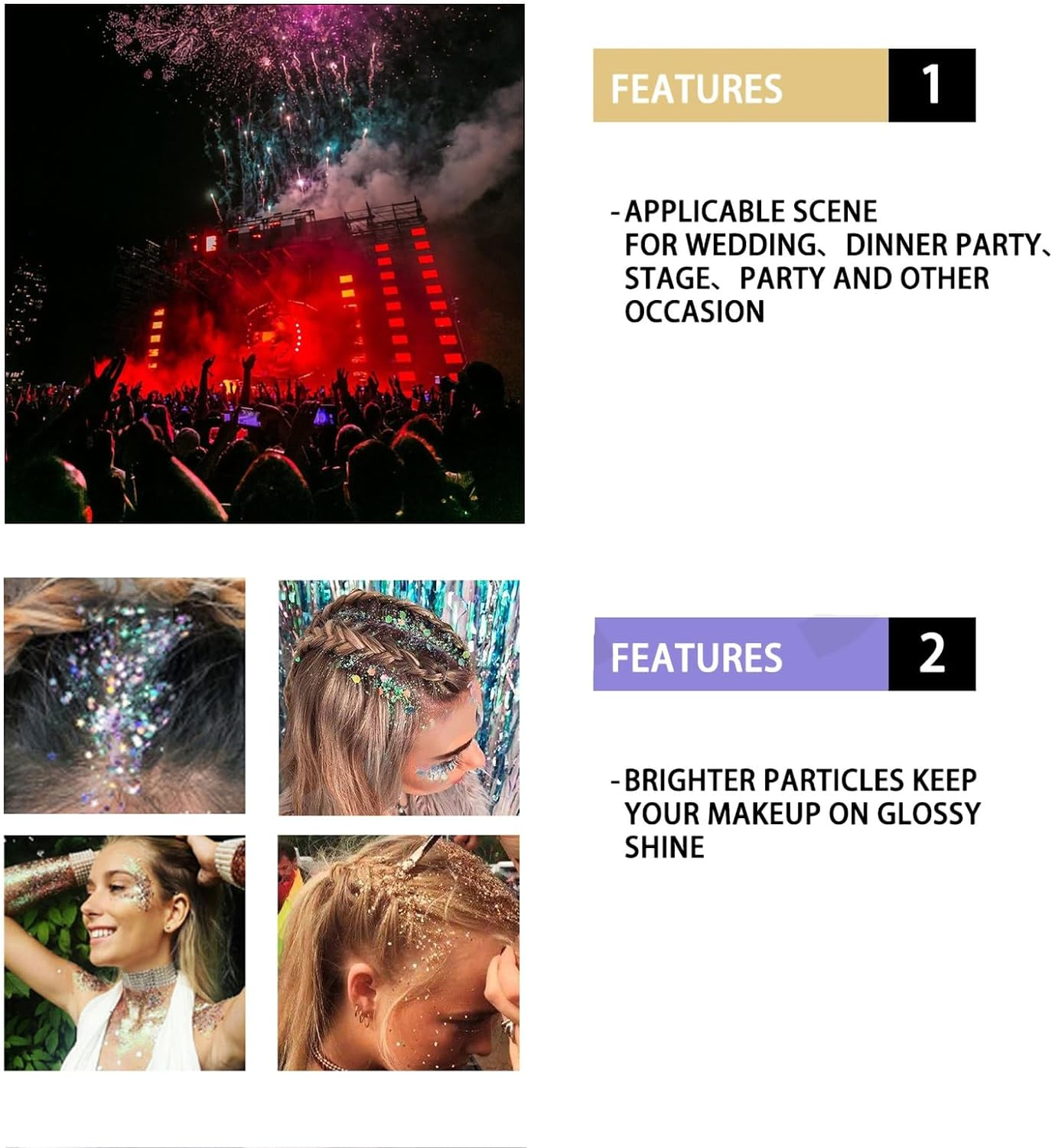 Enmart 2 Colors Body Glitter Stick, Sequins Glitter Gel Cream Face Paint, Nails Shimmer Cosmetic Long Lasting Diamond Liquid Sparkling Music Festival Art Rave Makeup for Body Face Eye Hair Lip, 16G - C001 image number 7