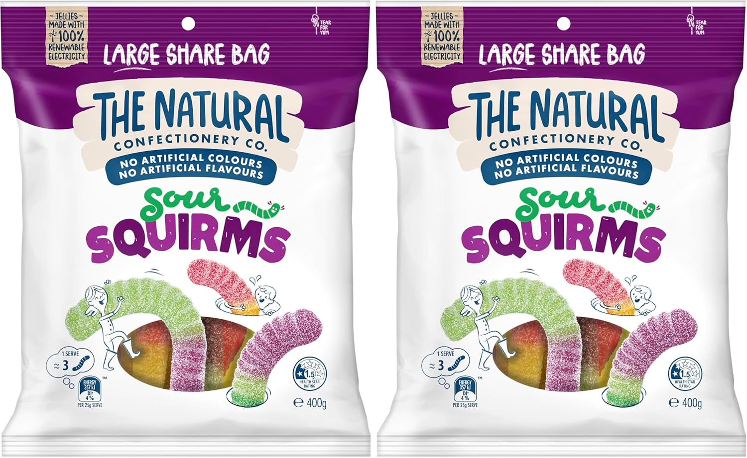 The Natural Confectionery Co. Sour Squirms Lollies 400G image number 1