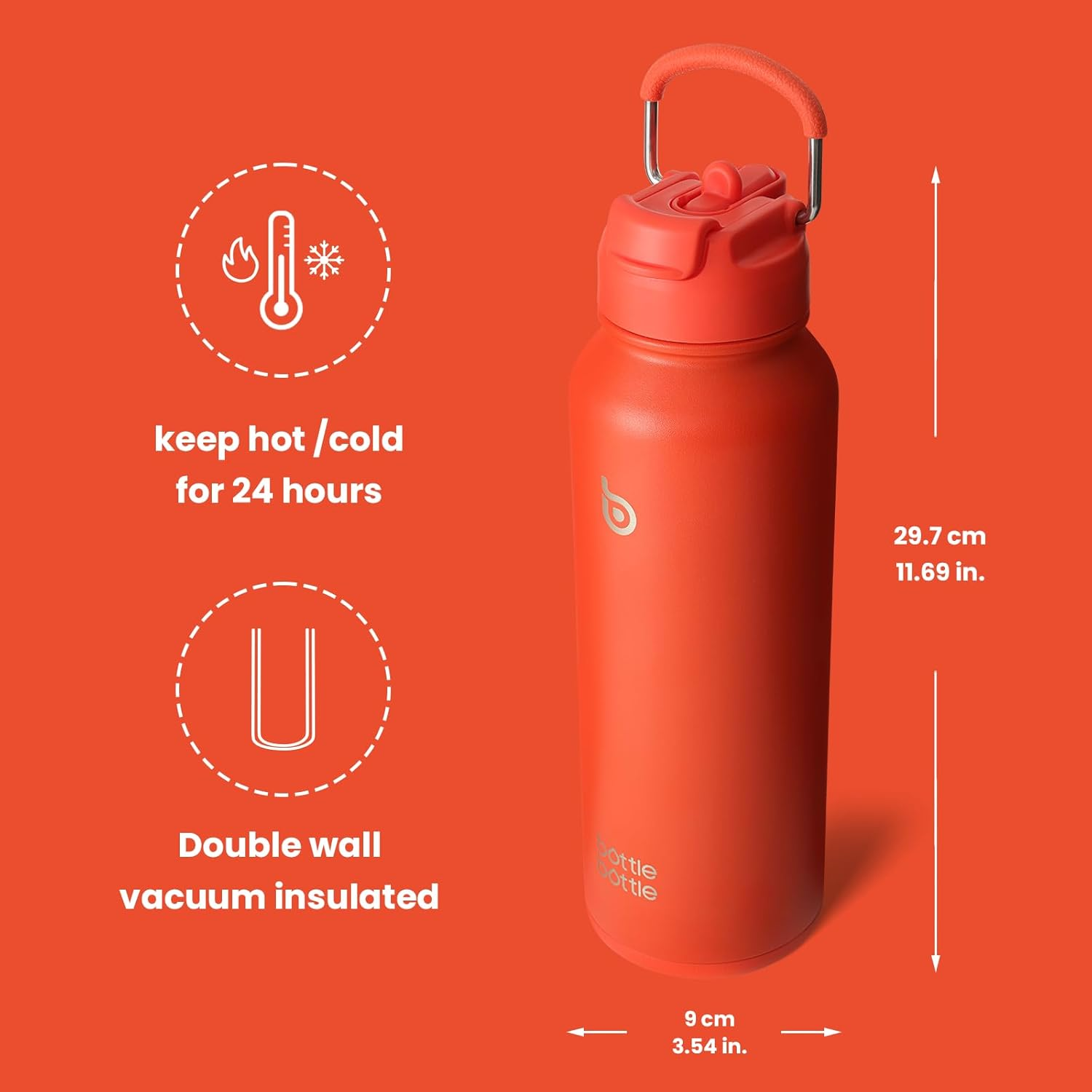 BOTTLEBOTTLE 40 Oz Sports Drink Bottle, Thermos Stainless Steel Insulated Water Bottle with Straw and Pills Holder (Orangered) - Blue image number 4