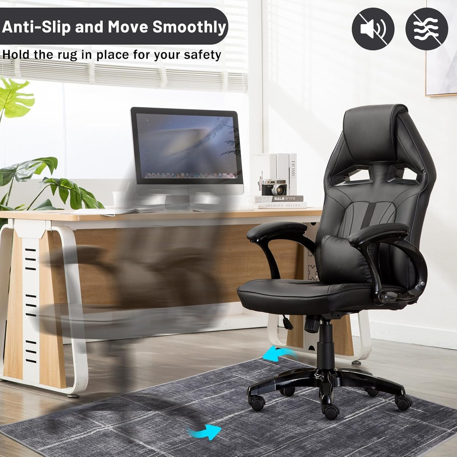 Office Chair Mat, Xinm 100 * 120Cm Anti-Slip Desk Chair Mat for Rolling Computer Chair Hard Floor Low Pile Carpet Floor Protector for Home Office, Easy Glide and Flat without Curling- Black image number 6