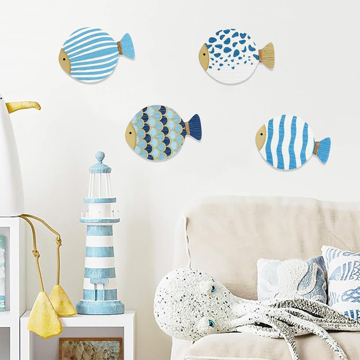 4 Pcs Vintage Beach Wall Decor,Wooden Fish Nautical Wall Art,Coastal Wall Art,Blue Fish Wall,Sculpture Lake House Hanging Decor,Ocean Room Decor for Bathroom Bedroom,Vintage Blue Fish Ornaments image number 1
