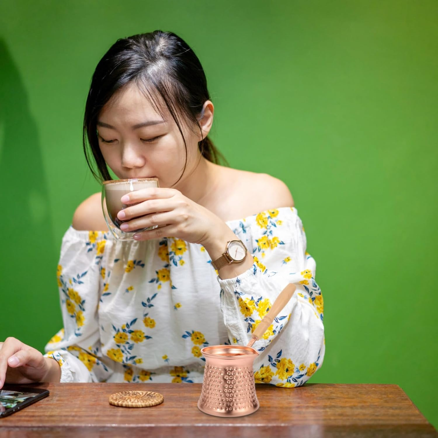 Kichvoe Turkish Coffee Pot Copper Alloy Wood Handle Espresso Maker for Coffee Heating Lightweight and Convenient for Home and Camping Use image number 2