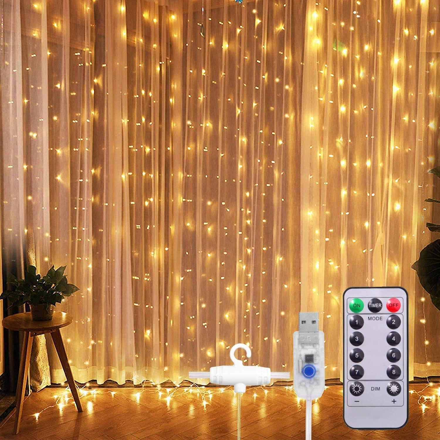 Curtian String Lights, HWZX 300 LED Window Curtain String Light with Remote Control Timer for Christmas Wedding Party Home Garden Bedroom Outdoor Indoor Decoration (Warm White)