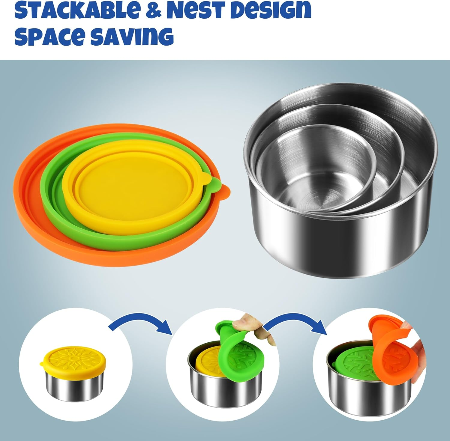 Homotte Stainless Steel Containers with Lids Small for Lunch Food/Snacks, Leak-Proof and round Stainless Steel Food Storage Containers for Back to School Kids, 3 Pack Stackable (400Ml, 220Ml, 100Ml) image number 5