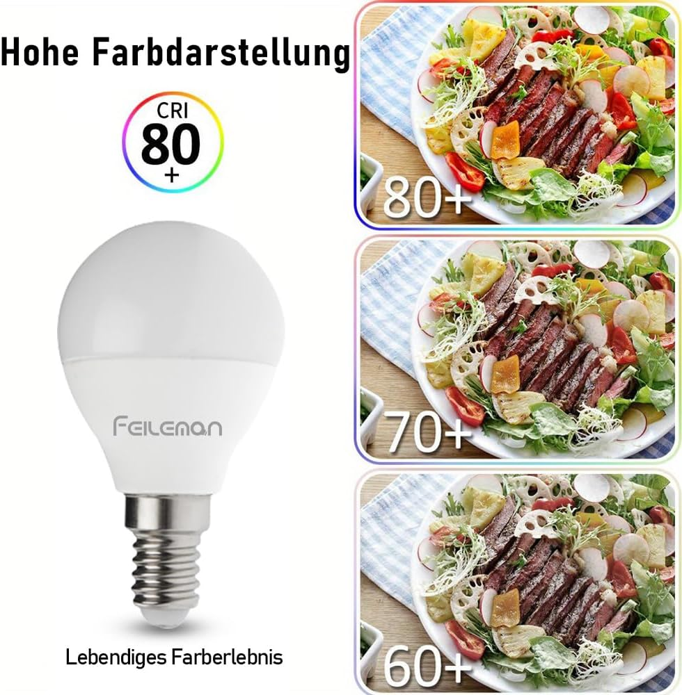 FEILEMAN E14 LED Light Bulbs Small Edison Screw P45/G45 2700K Warm White 8W (Replaces 70W) 880LM Super Bright E14 SES Golf Mini Globe Bulb No Dimmable, Pack of 6