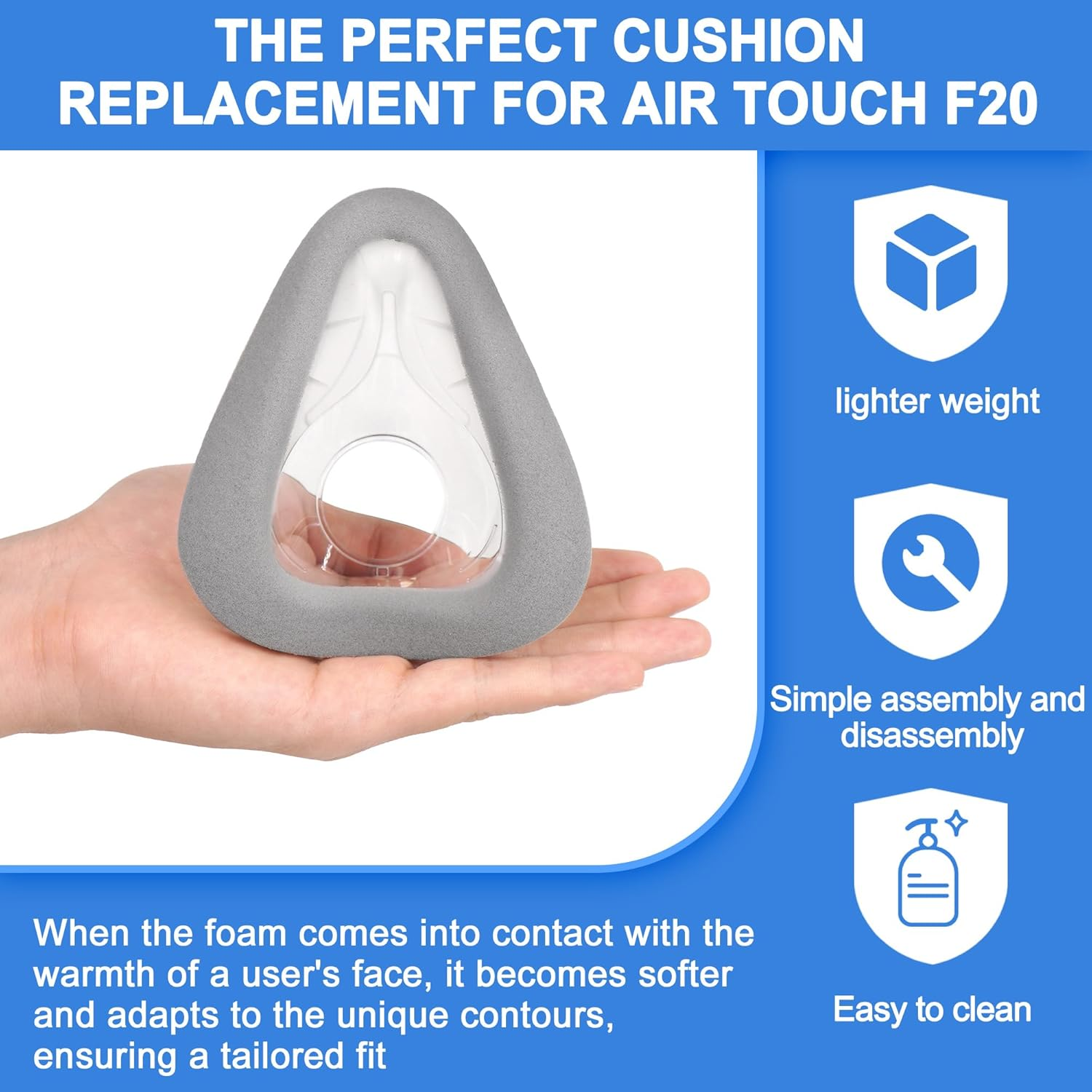 2 Packs Replacement Cushion (M) Compatible with Airtouch F20 and Airfit F20, Optimized Comfort & Secure Seal with Memory Foam (New Version), Exceptional Value & Durable CPAP Mask Supplies by Airsmart (M) image number 4