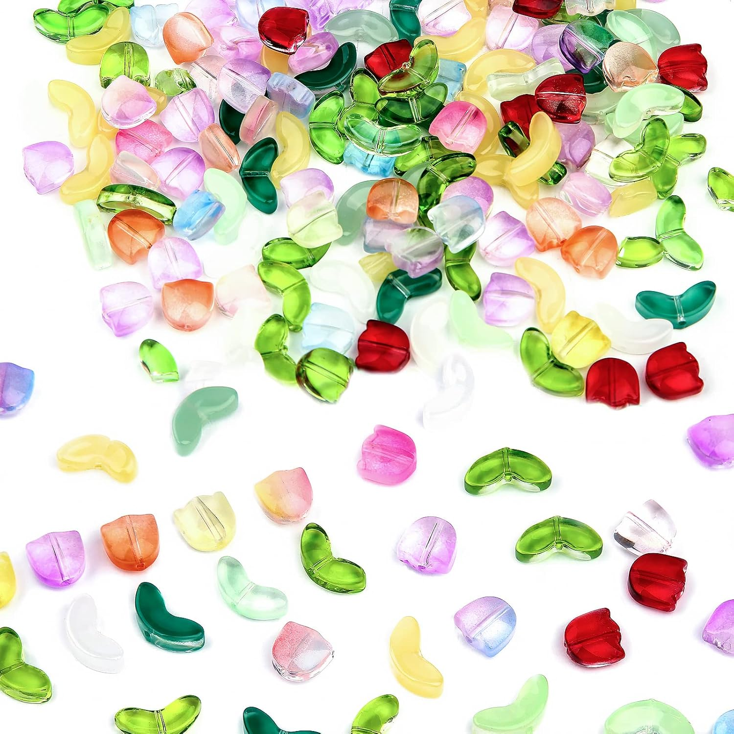 160Pcs Tulip Flower Beads, Colorful Translucent Glass Flower Beads Handcraft Tulip Beads Flower Spacer Beads for DIY Necklace Bracelet Jewelry Making (Mixed Color) image number 3