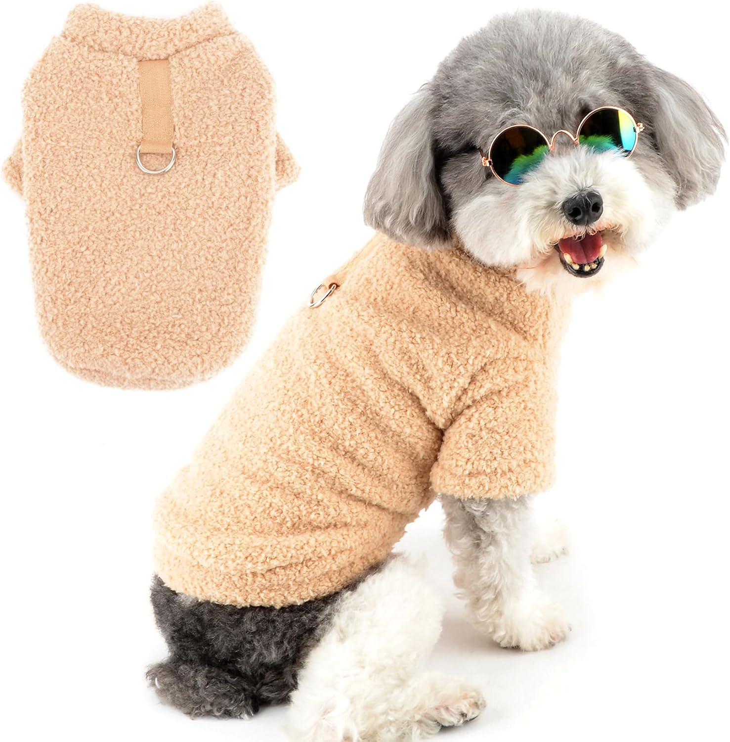 Zunea Dog Jumpers for Small Dogs Fuzzy Sherpa Fleece Winter Sweater Coats with D-Ring Soft Warm Pullover Puppy Clothes Cold Weather Jacket Coat Pet Girl Boy Chihuahua Yorkie Apparel Khaki M