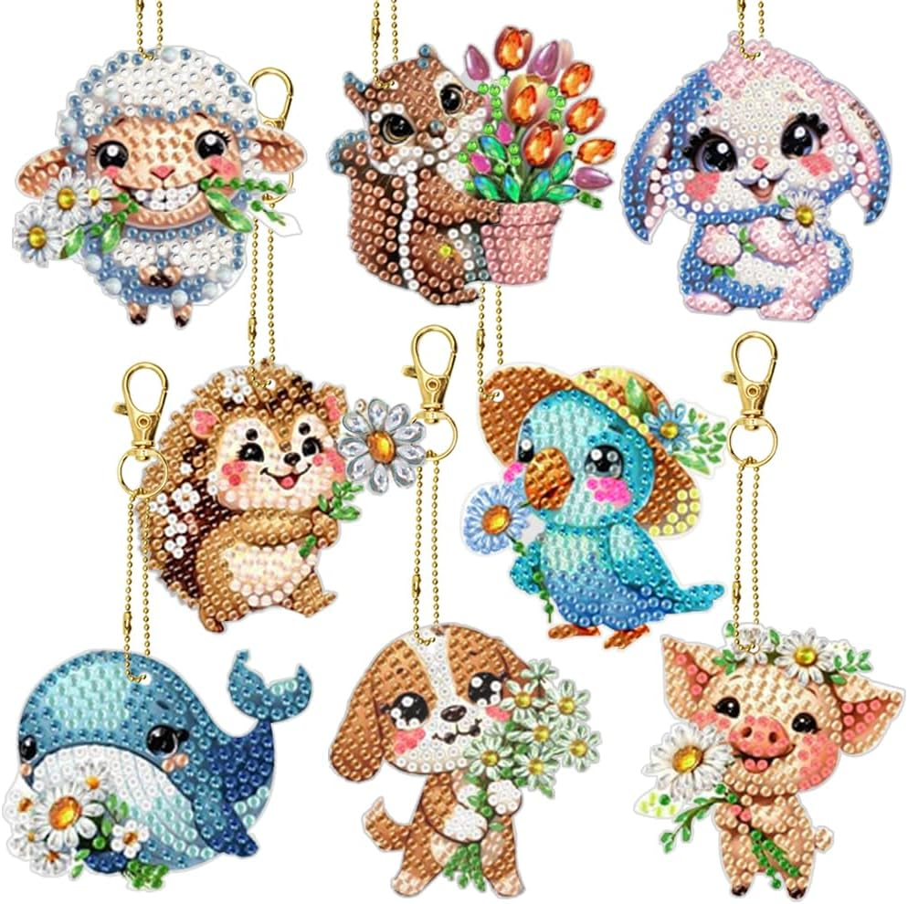 8 PCS Animal Diamond Art Painting Keychains Kits, Finegood 5D Diamond Art Suncatcher Kits Crystal Diamond Keychains, DIY Carft for Hanging Ornament