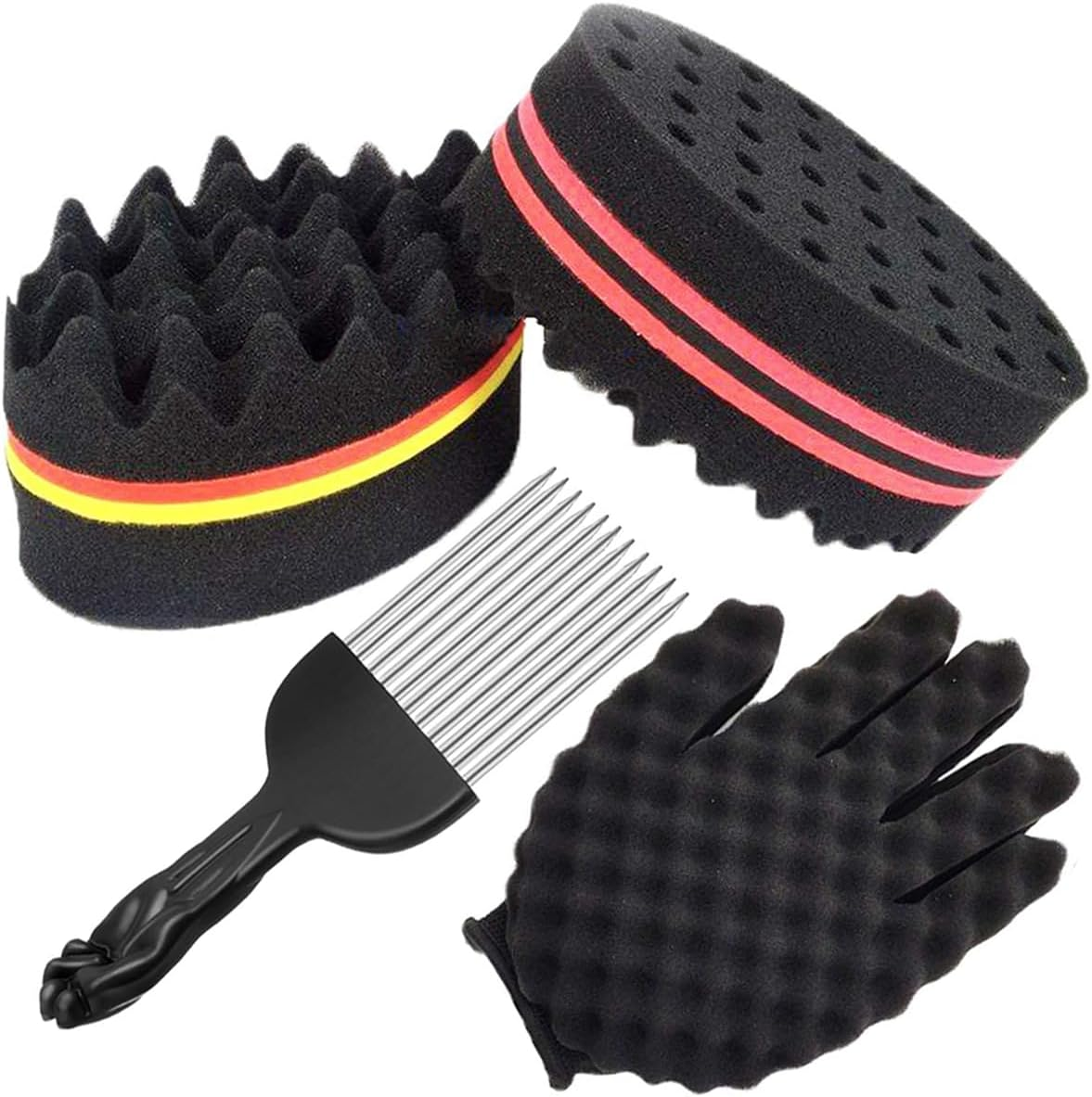 ARJDXDP Pack of 4 Twist Sponge Afro Comb Magic Curl Sponge Hair Brush Sponge Holes Hair Sponge Curls Afro Double-Sided Magic Curl Sponge and Curler Gloves Twist Barber Tool image number 2
