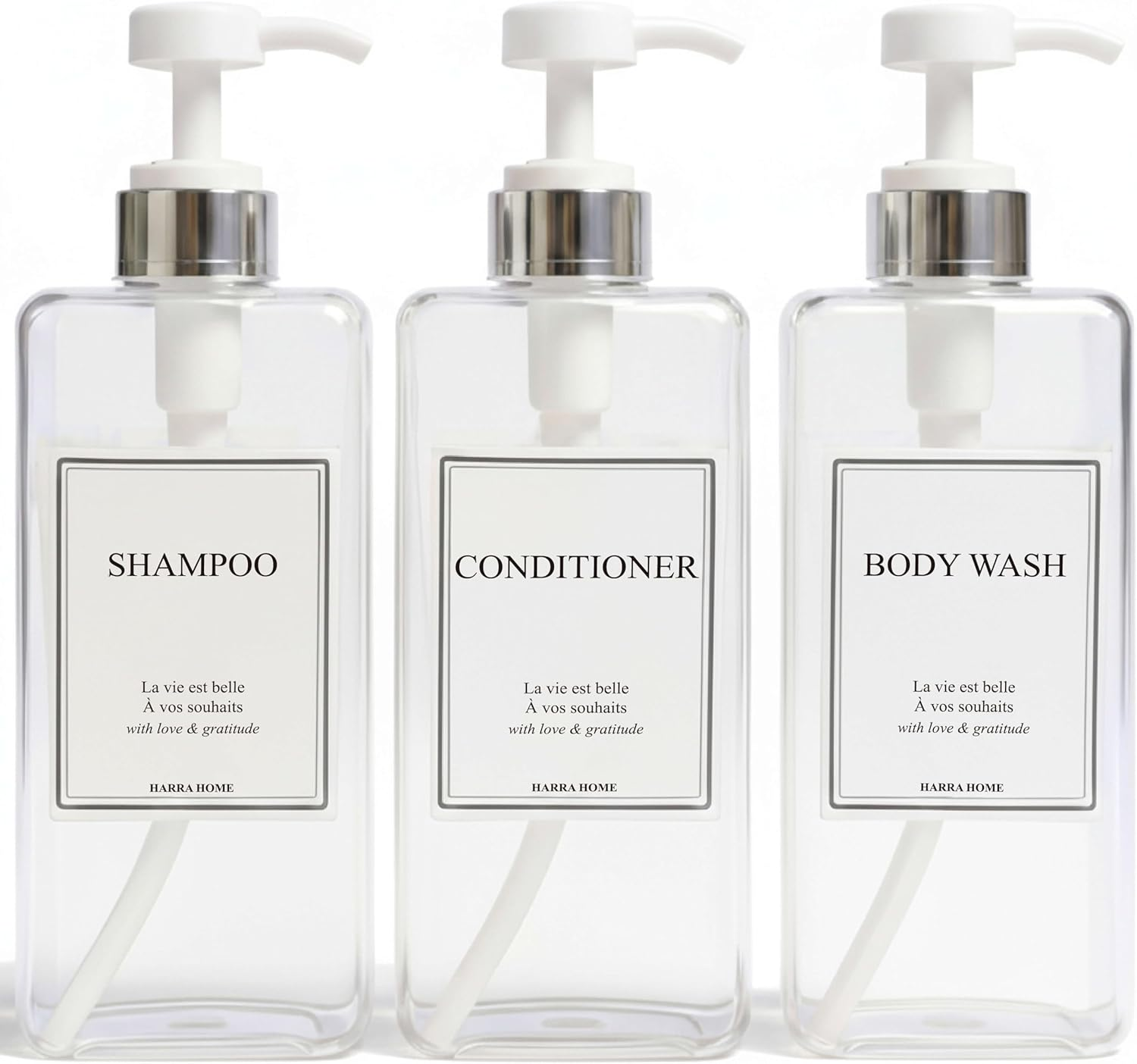 Modern Gold Design Shampoo and Conditioner Dispenser, Large 27Oz Shower Soap Dispenser, Set of 3 Refillable Empty Plastic Pump Bottles for Bathroom (6 Waterproof Labels Included), (Clear & Black)