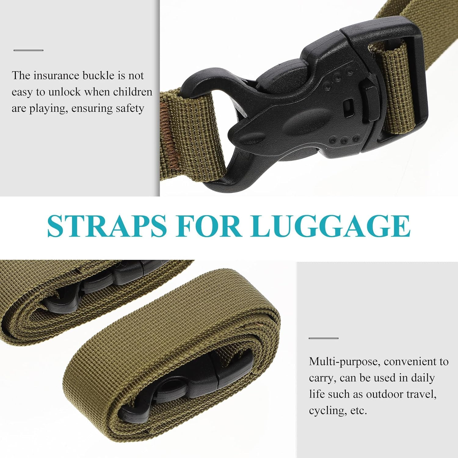 Hoement Outdoor Luggage Straps 2Pcs with Adhesive Buckle, Khaki Camping Tie down Belts for Travel Suitcase Securing and Bundling, Sturdy Fastening Straps for Outdoor Gear image number 3