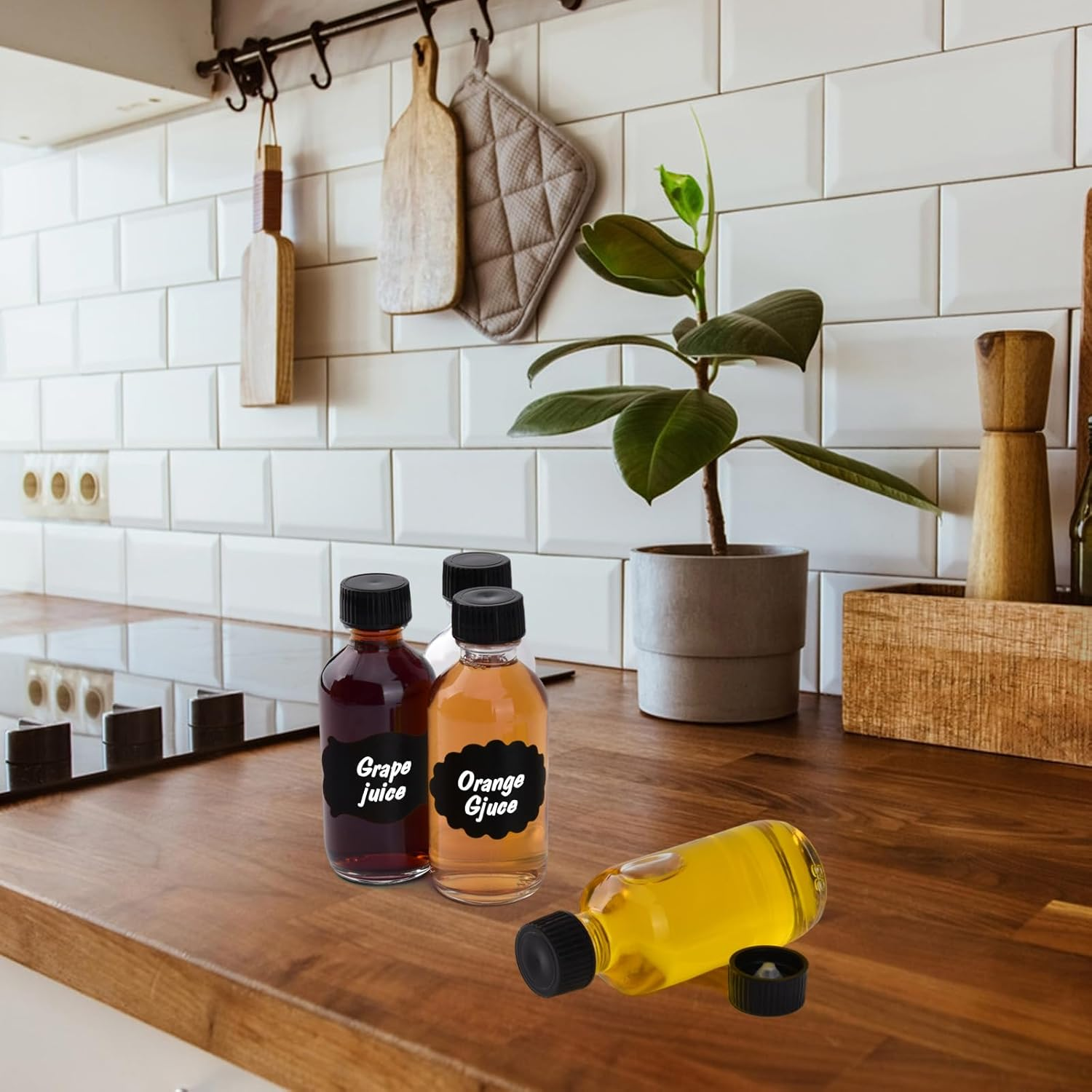 12 Pack 2Oz Small Clear Glass Bottles with Caps, 60Ml Glass Juice Bottles, Wellness Shot Bottles with Funnels, Stickers and Brush, Mini Liquor Bottles for Juice, Water, Ginger, Whiskey, Potion, Sample image number 3