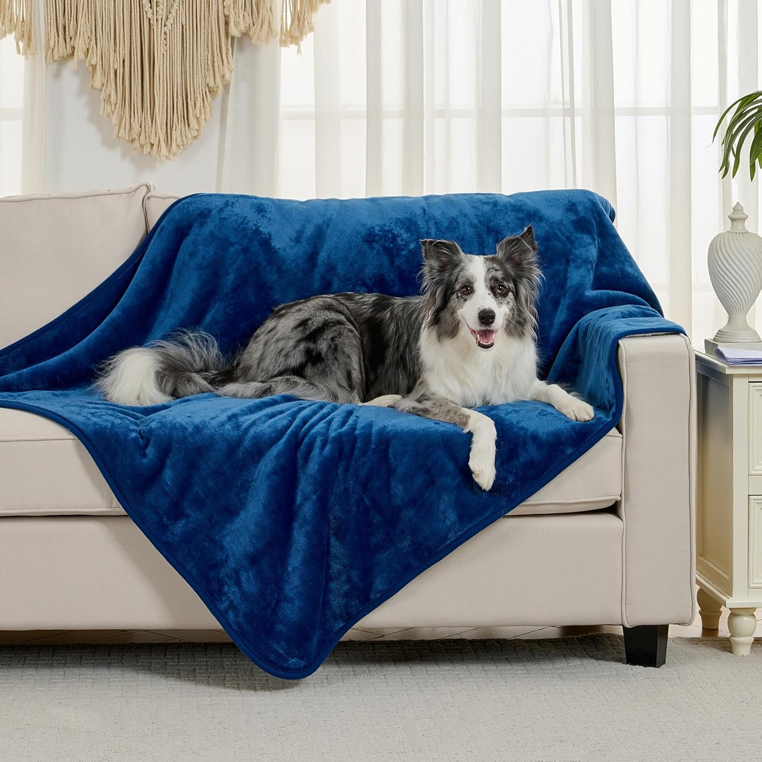 Waterproof Blanket for Bed Couch Sofa, Soft Liquid Pee Proof Pet Blankets for Dogs Cats, Reversible Sherpa Fleece Blanket for Furniture Protector (Navy Blue, 152X203Cm) image number 5