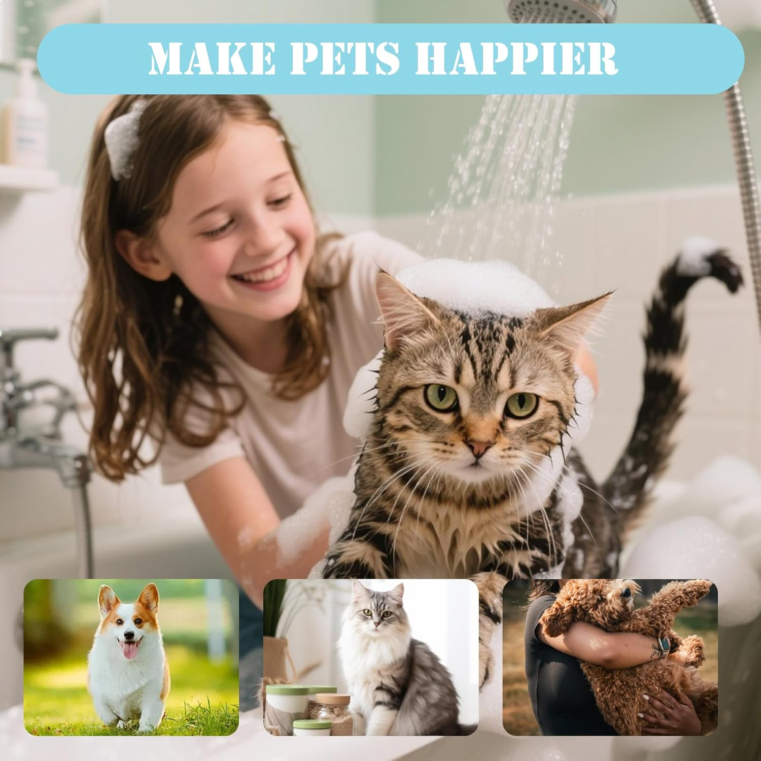 3Pcs Dog Bath Brush, Dog Scrubber for Bath, Shampoo Brush Bubble Maker, Dog Paw Washer, Grooming Massage Brush with Adjustable Ring Handle, Dog Accessories for Short & Long Hair -Blue image number 4